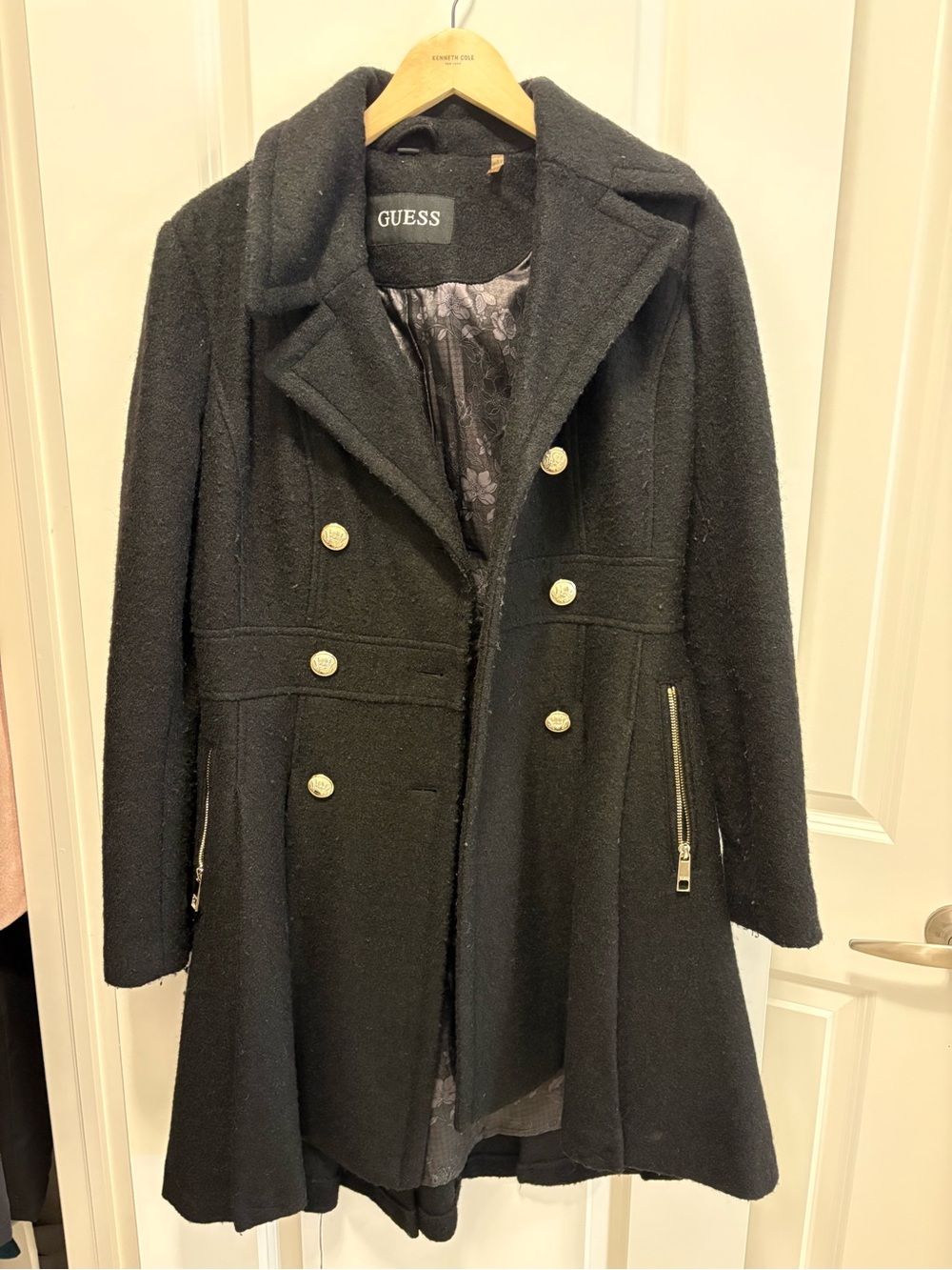 GUESS Black Double-Breasted Pea Coat with Gold Buttons